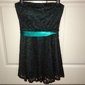 Teal strapless semi formal dress with brown lace